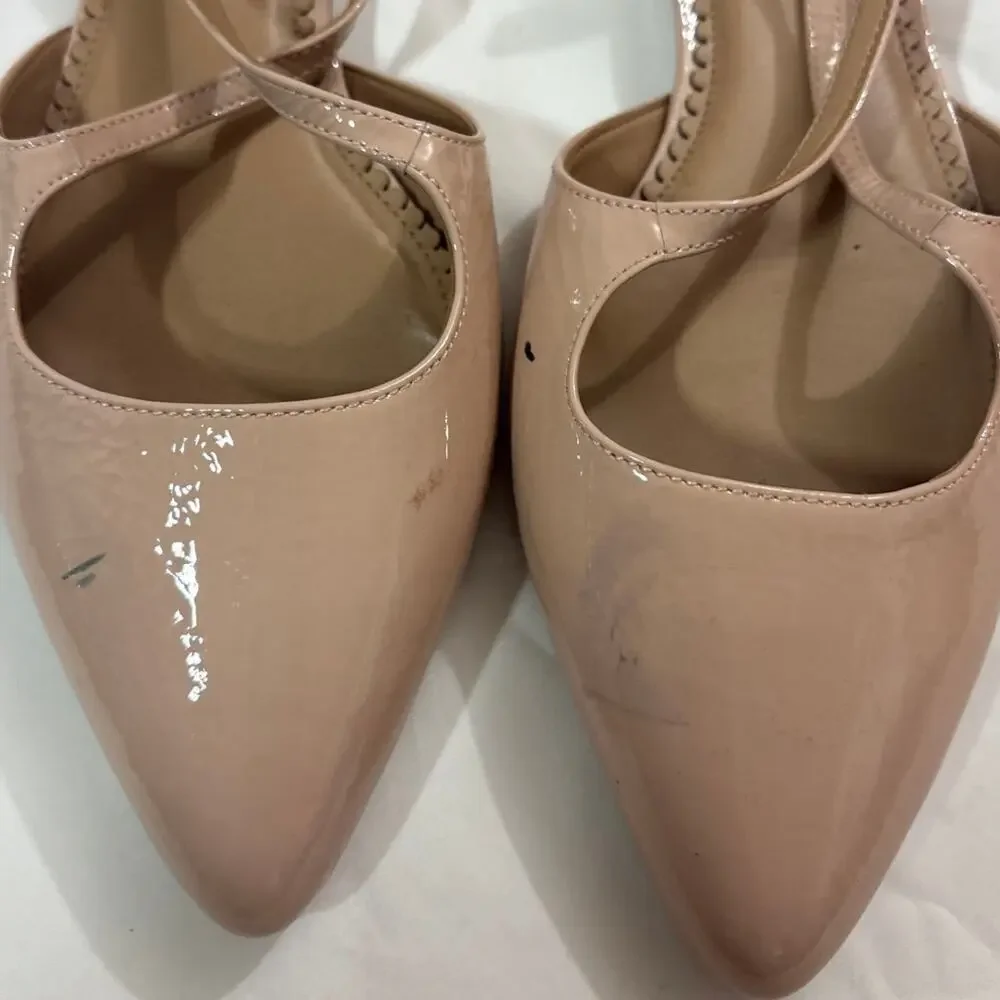 Anthropologie Women 9.5 Leather Cross Strap Flat Shoes Nude Neutral Pink Pointed